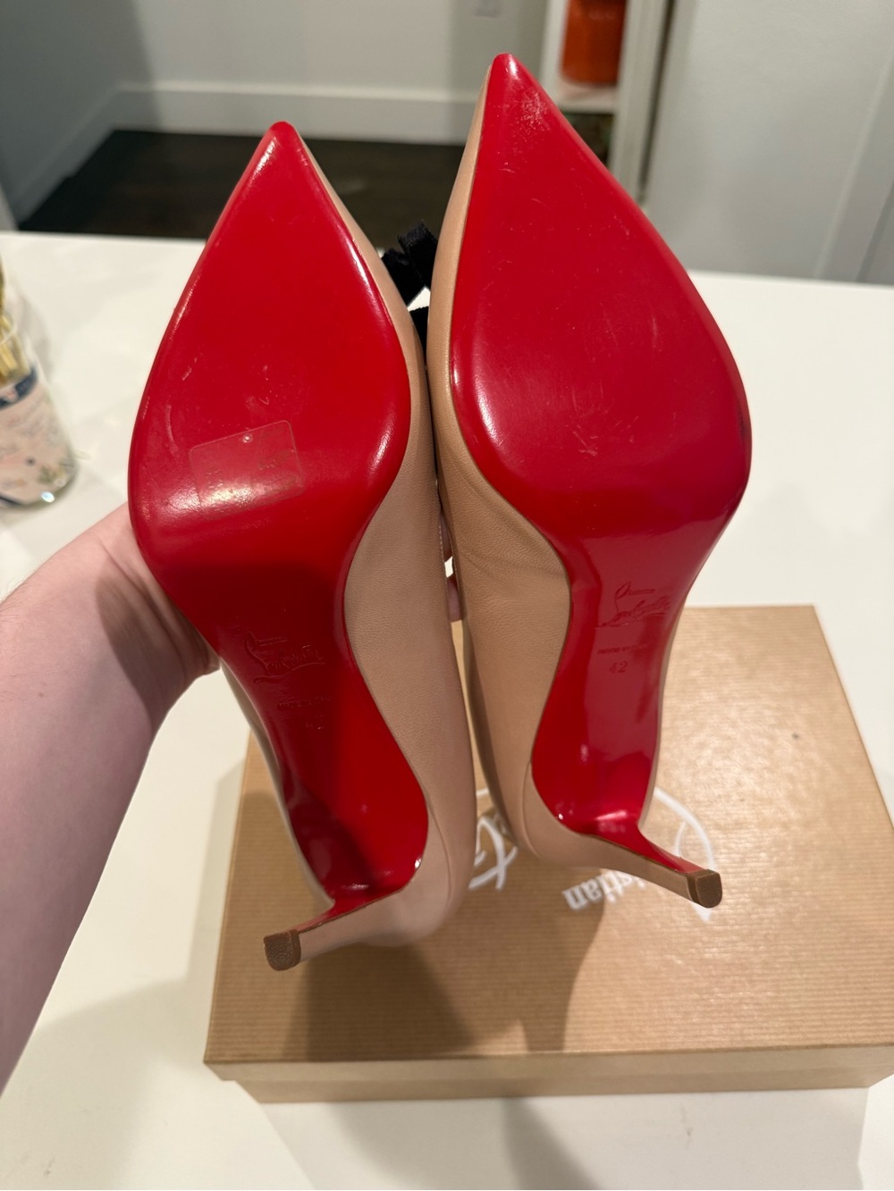 Christian Louboutin Blush Nude Pointed-Toe Pumps with Black Bows - Picture 5 of 7